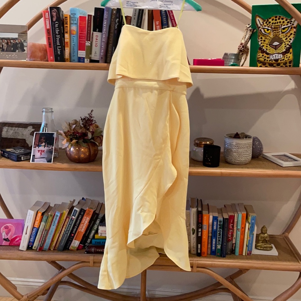 Xscape strapless crepe bustier ruffle yellow dress